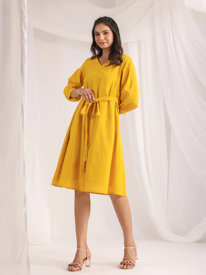 Yellow Dobby Cotton Self Design A-Line Dress