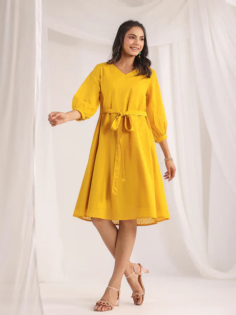 Yellow Dobby Cotton Self Design A-Line Dress