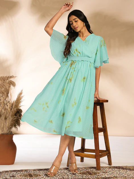 Sea Green Dobby Georgette Tie-Dye Fit & Flare Dress