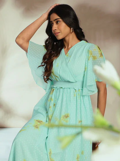 Sea Green Dobby Georgette Tie-Dye Fit & Flare Dress