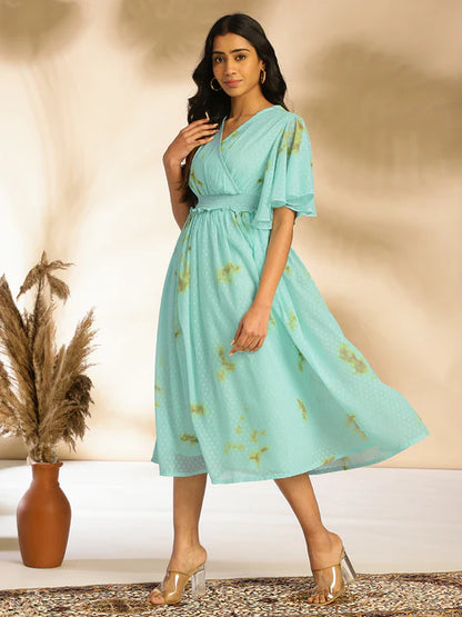 Sea Green Dobby Georgette Tie-Dye Fit & Flare Dress