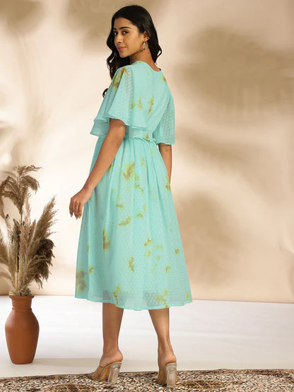 Sea Green Dobby Georgette Tie-Dye Fit & Flare Dress