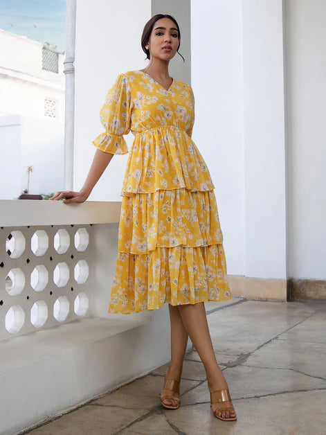 Yellow Georgette Floral Layered Dress