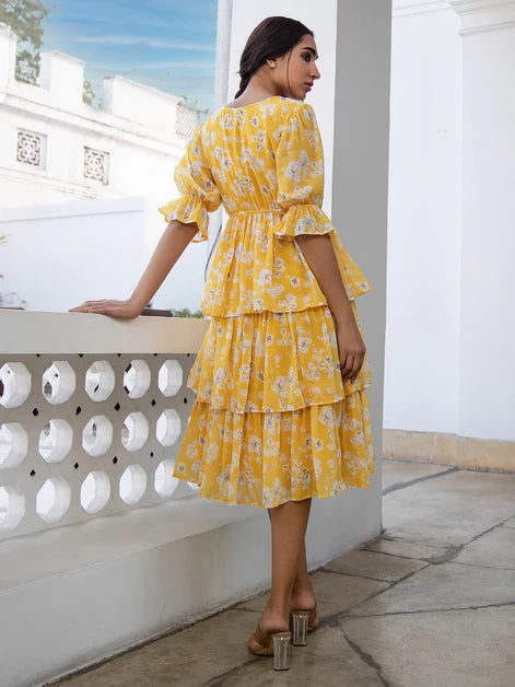 Yellow Georgette Floral Layered Dress