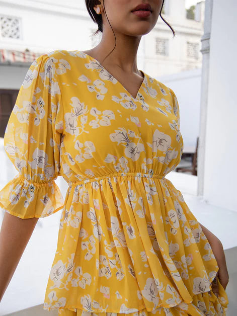 Yellow Georgette Floral Layered Dress