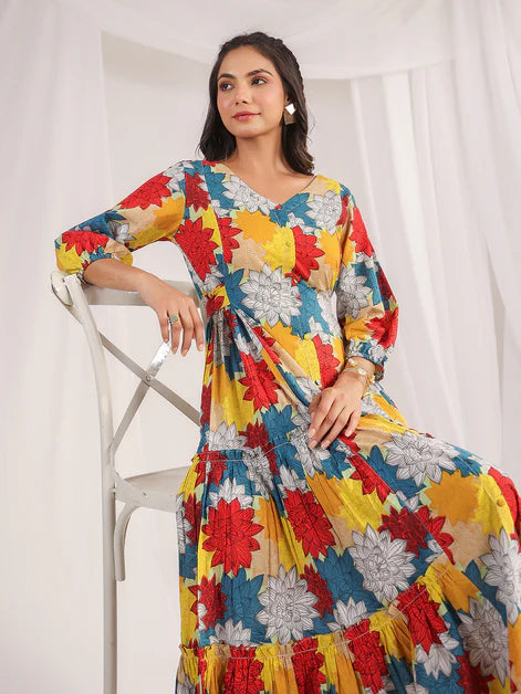 Multicolour Cotton Floral Panelled Flared Dress