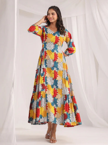 Multicolour Cotton Floral Panelled Flared Dress