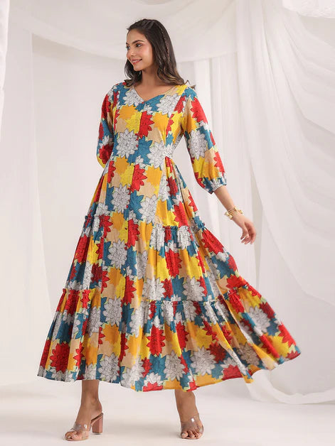 Multicolour Cotton Floral Panelled Flared Dress