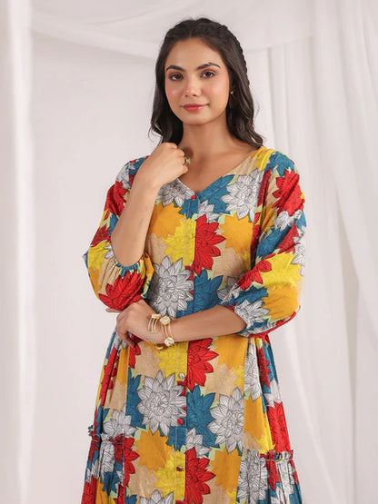 Multicolour Cotton Floral Panelled Flared Dress