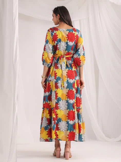 Multicolour Cotton Floral Panelled Flared Dress