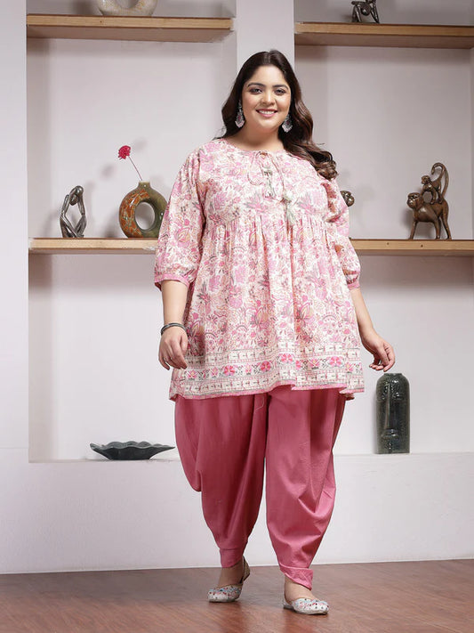 PLUS SIZE FLORAL PRINTED COTTON KURTI WITH DHOTI PANT