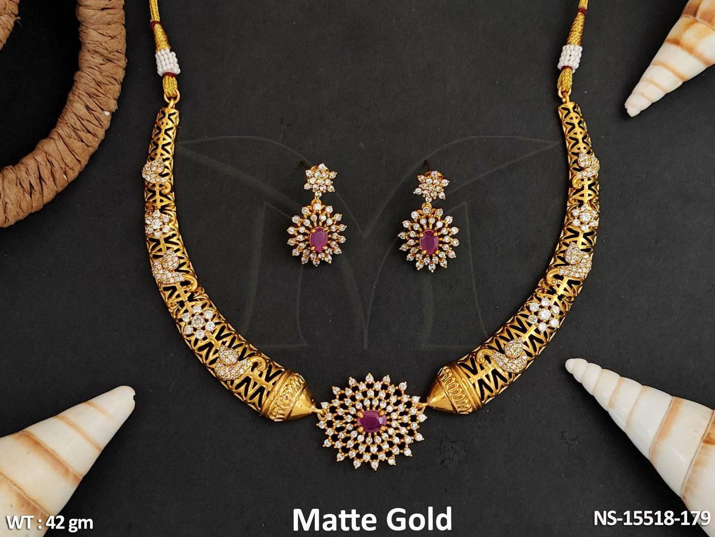 Matte Gold Polish Fancy Style Full Stone Necklace Set