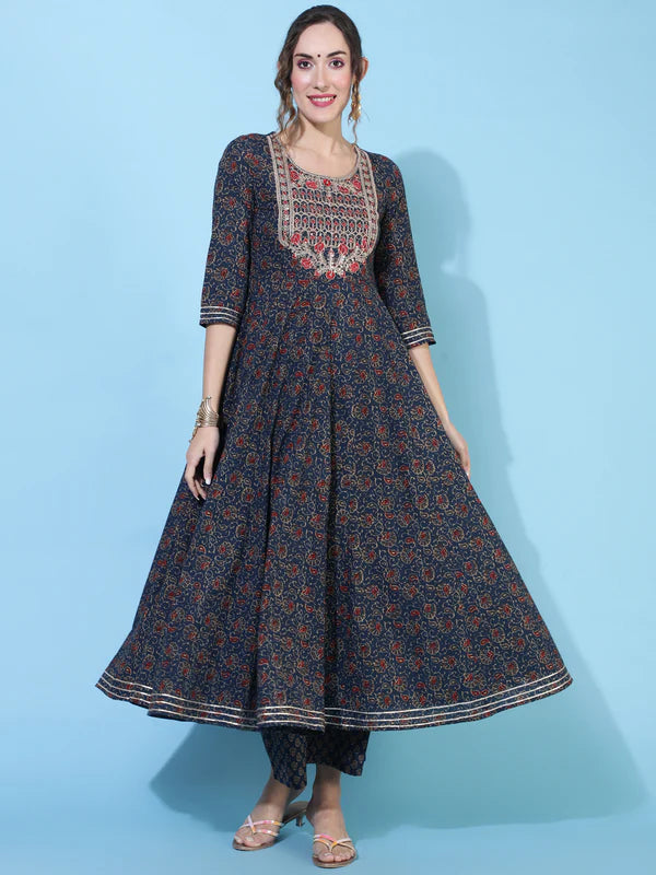 COTTON CALF LENGTH PRINTED FLARED 3/4 SLEEVES ROUND NECK KURTA BOTTOM SET