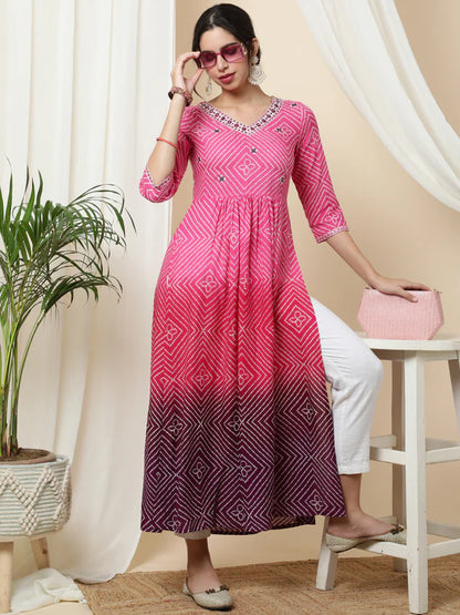 RAYON CALF LENGTH PRINTED 3/4 SLEEVE V-NECK KURTA