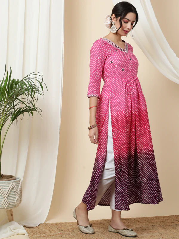 RAYON CALF LENGTH PRINTED 3/4 SLEEVE V-NECK KURTA