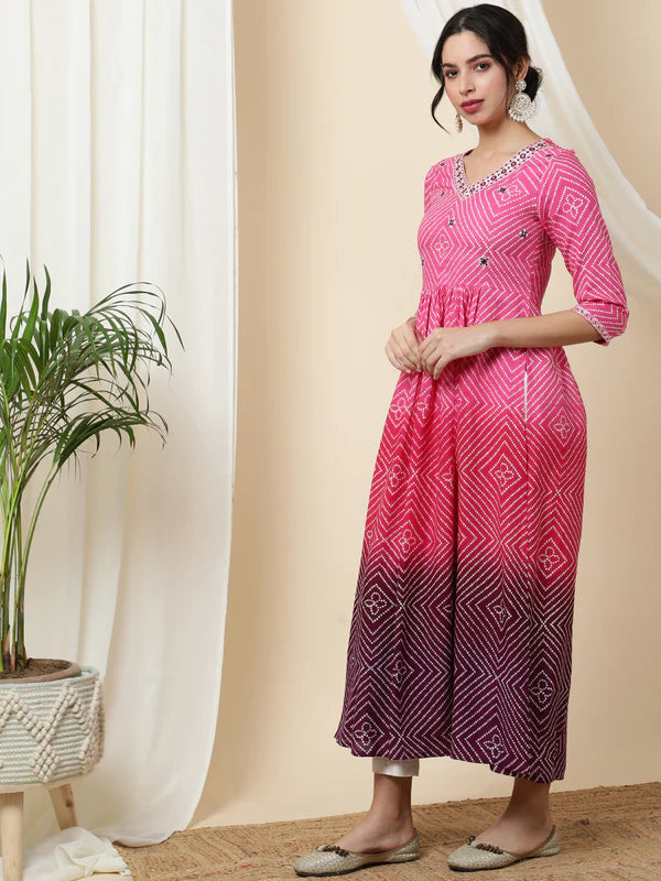 RAYON CALF LENGTH PRINTED 3/4 SLEEVE V-NECK KURTA