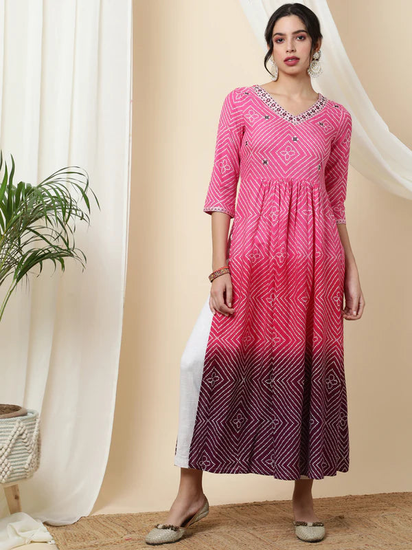 RAYON CALF LENGTH PRINTED 3/4 SLEEVE V-NECK KURTA