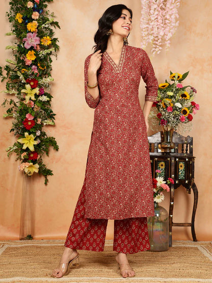 Cotton Calf Length Printed Straight 3/4 Sleeves V-Neck Kurta, Bottom With Dupatta