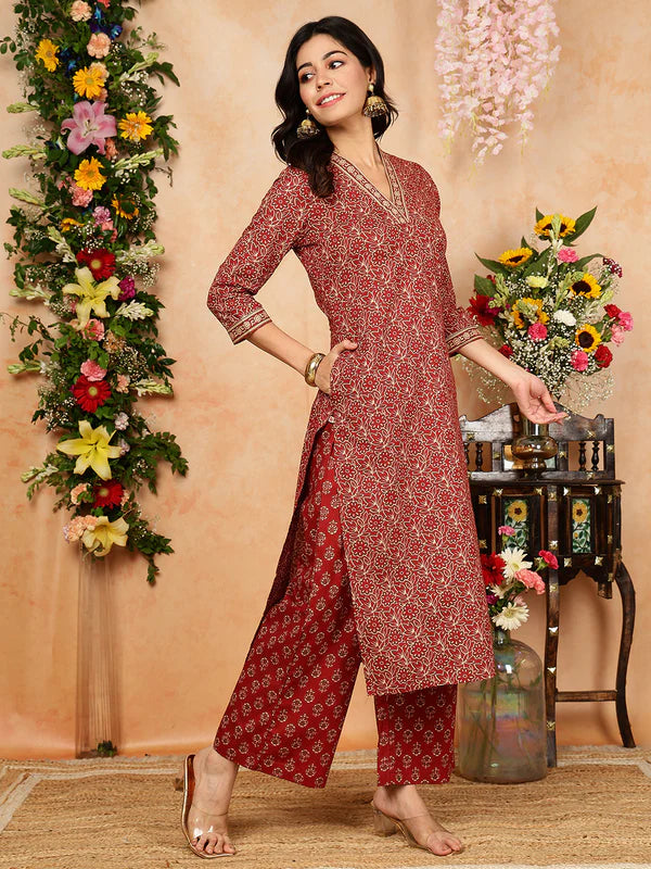 Cotton Calf Length Printed Straight 3/4 Sleeves V-Neck Kurta, Bottom With Dupatta