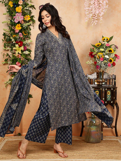 Cotton Calf Length Printed Straight 3/4 Sleeves V-Neck Kurta, Bottom With Dupatta