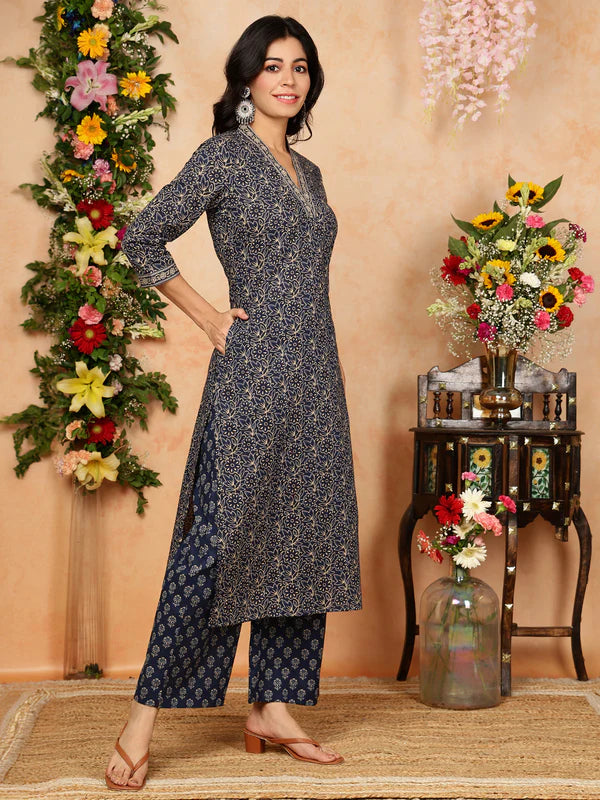 Cotton Calf Length Printed Straight 3/4 Sleeves V-Neck Kurta, Bottom With Dupatta