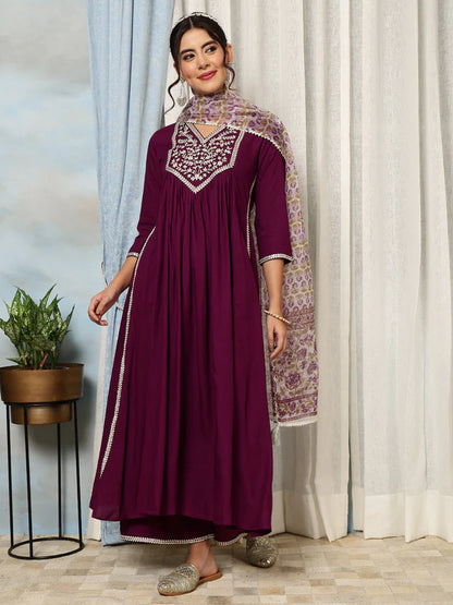 Rayon Calf Length Solid Flared 3/4 Sleeves V-Neck Kurta Bottom Dupatta Set