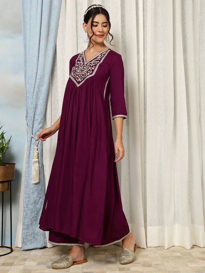 Rayon Calf Length Solid Flared 3/4 Sleeves V-Neck Kurta Bottom Dupatta Set