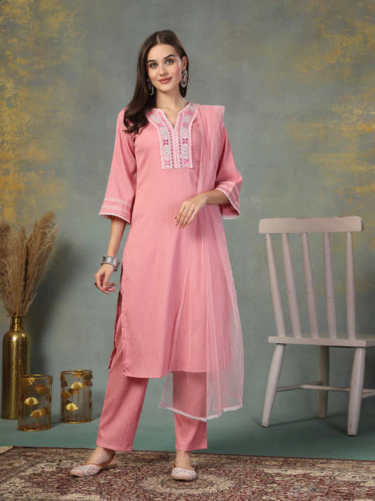 Pink Solid & Embroidered Italian Crush Straight Kurta Pant Dupatta Set