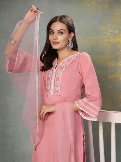 Pink Solid & Embroidered Italian Crush Straight Kurta Pant Dupatta Set