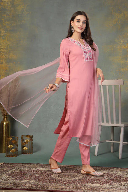 Pink Solid & Embroidered Italian Crush Straight Kurta Pant Dupatta Set