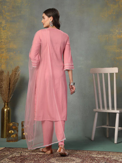 Pink Solid & Embroidered Italian Crush Straight Kurta Pant Dupatta Set