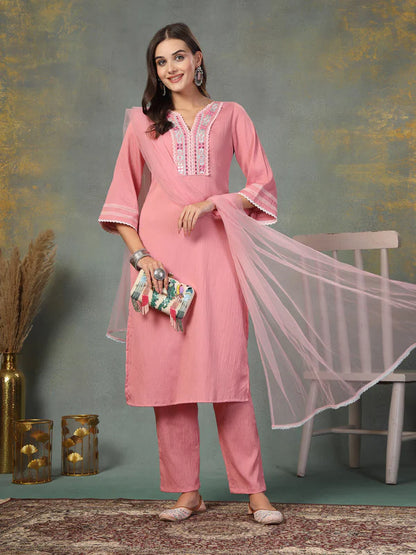 Pink Solid & Embroidered Italian Crush Straight Kurta Pant Dupatta Set