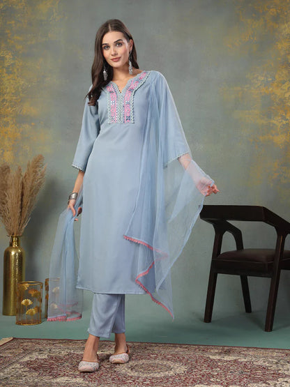 Sky Blue Solid & Embroidered Italian Crush Straight Kurta Pant Dupatta Set