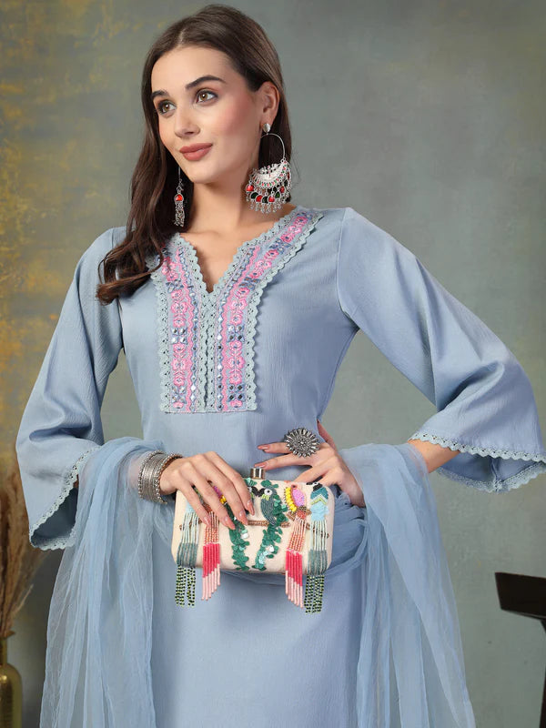 Sky Blue Solid & Embroidered Italian Crush Straight Kurta Pant Dupatta Set