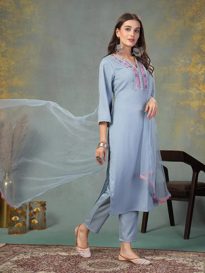 Sky Blue Solid & Embroidered Italian Crush Straight Kurta Pant Dupatta Set