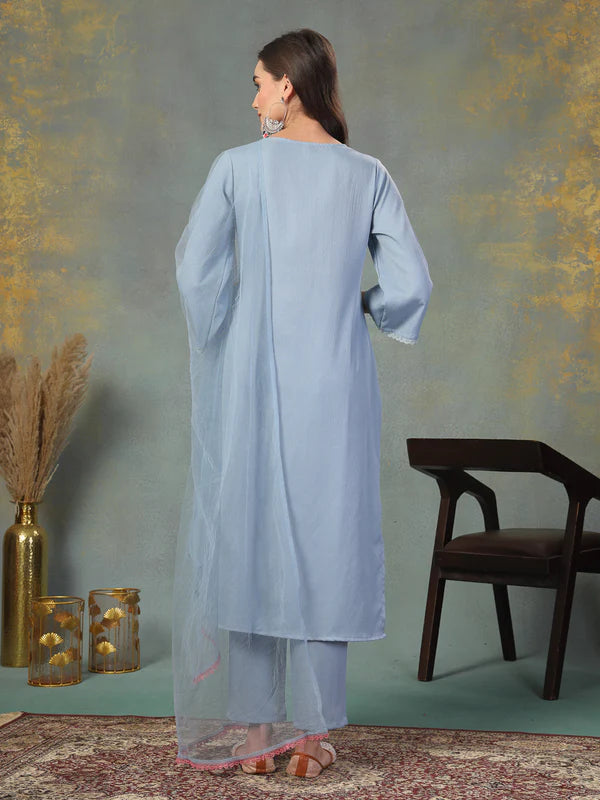 Sky Blue Solid & Embroidered Italian Crush Straight Kurta Pant Dupatta Set