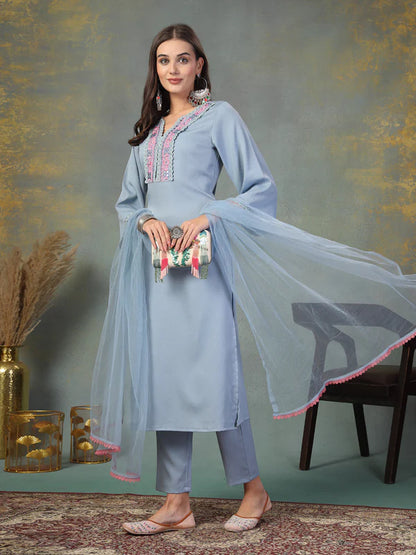 Sky Blue Solid & Embroidered Italian Crush Straight Kurta Pant Dupatta Set