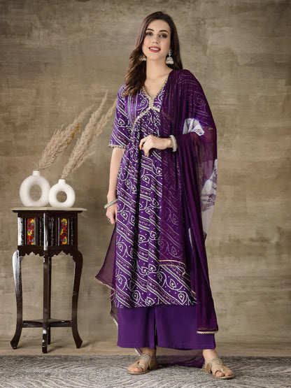 Bandhej Printed Rayon Naira Cut Kurta Pant Dupatta Set