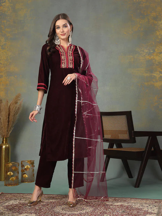 Wine Solid & Embroidered Velvet Straight Kurta Pant Dupatta Set