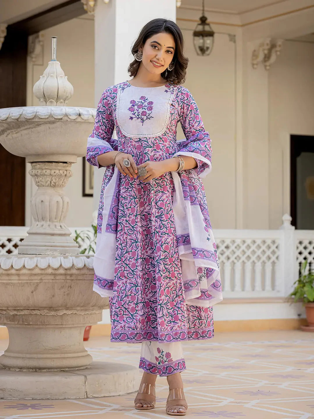 Lavender Ethnic Motifs Cotton Dupatta Set-Yufta Store-9764SKDLVS