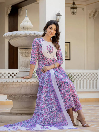 Lavender Ethnic Motifs Cotton Dupatta Set-Yufta Store-9764SKDLVS