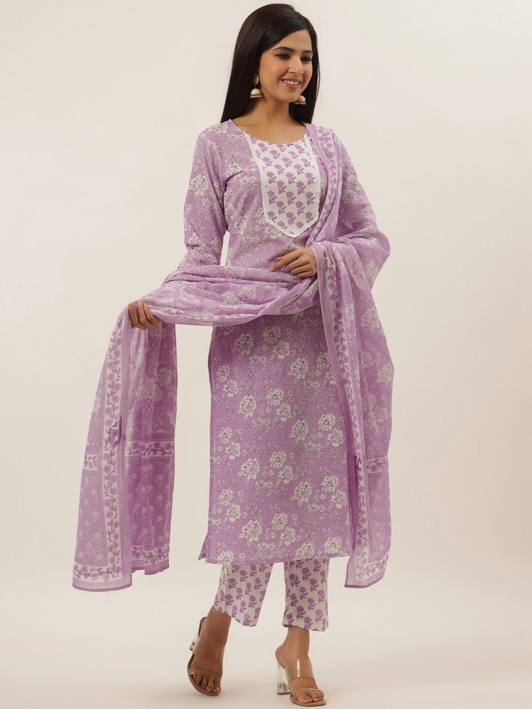 Lavender Printed Cotton Dupatta Set-Yufta Store-9812SKDLVS