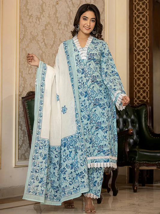 Light Blue Floral Print Straight Pakistani Style Kurta Trouser And Dupatta Set-Yufta Store-1004SKDBLS