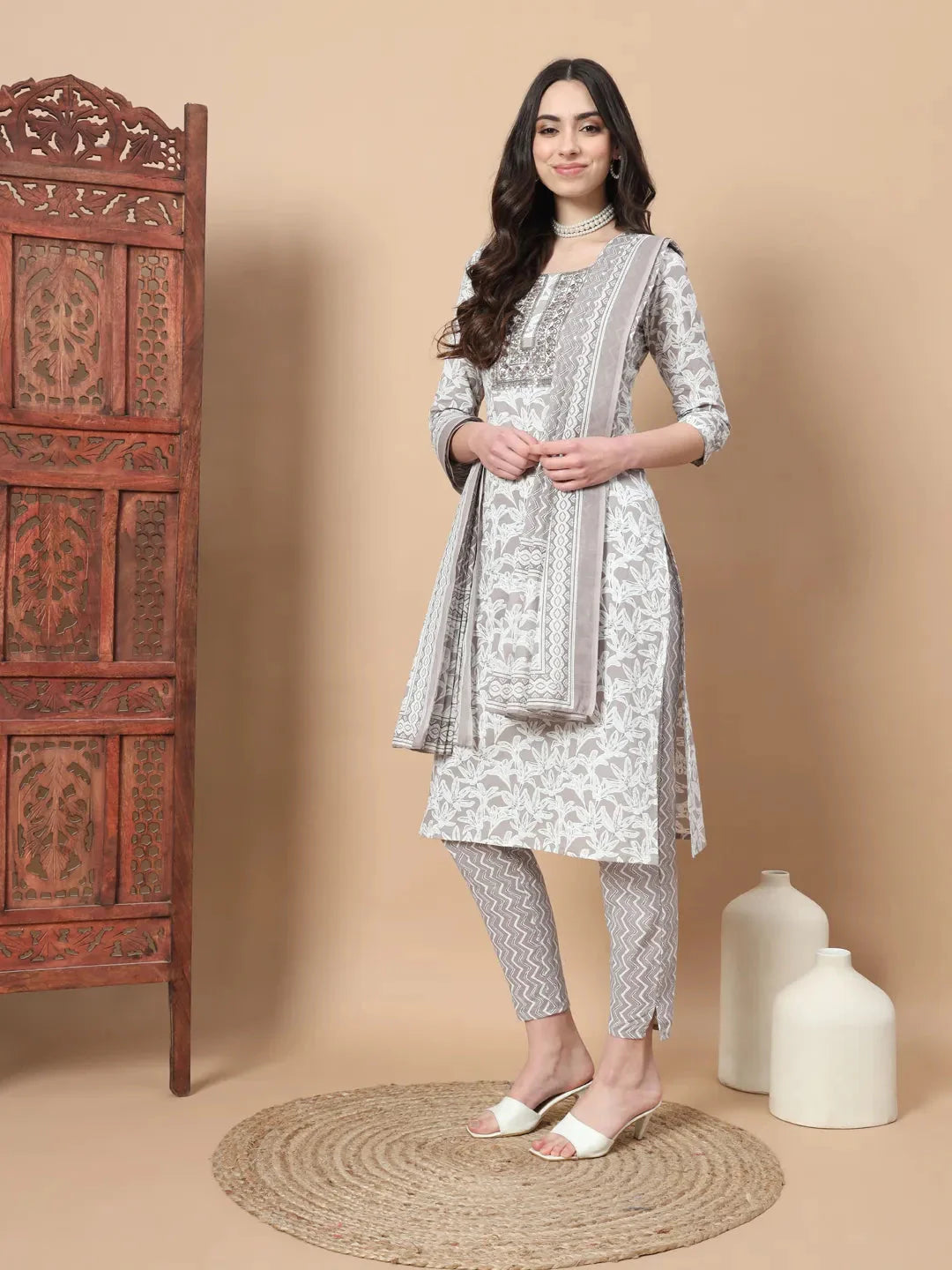 Light Brown Floral,Sequins_Work Straight Kurta Trouser And Dupatta Set-Yufta Store-1752SKDBRS