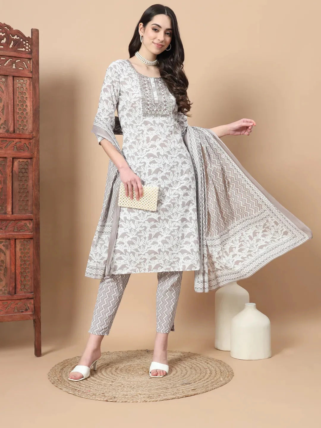 Light Brown Floral,Sequins_Work Straight Kurta Trouser And Dupatta Set-Yufta Store-1752SKDBRS