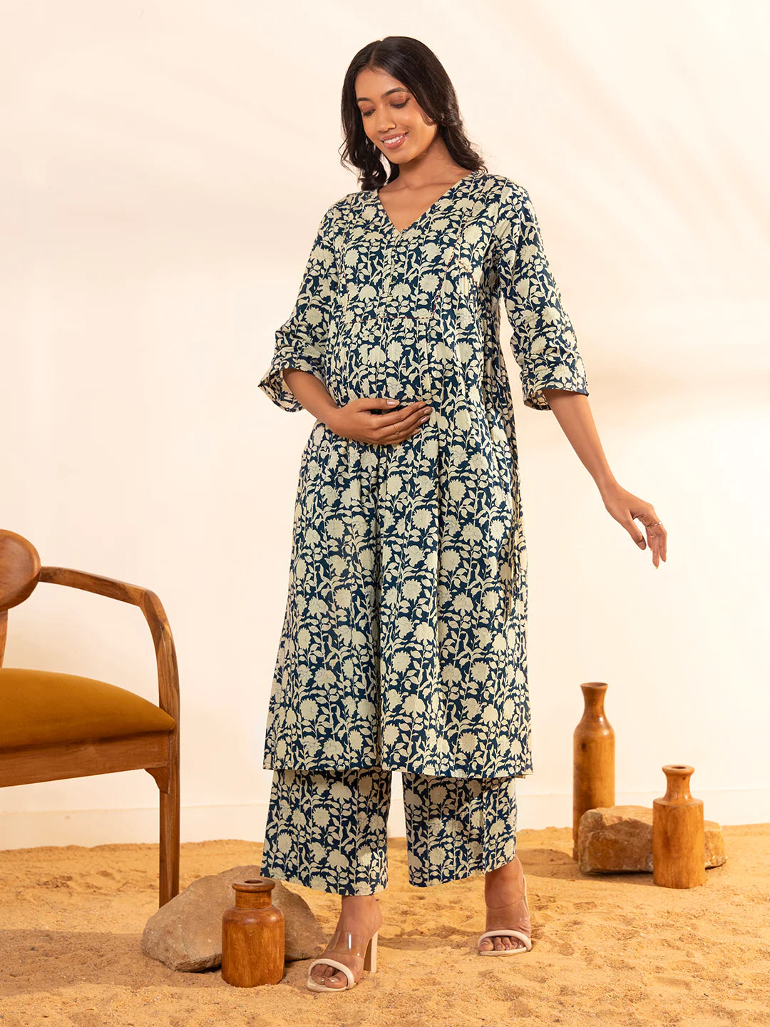 Teal Blue Cotton Maternity Floral Printed Kurta With Palazzo