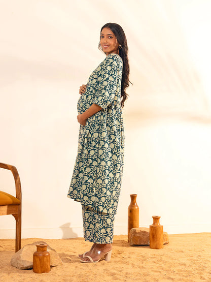 Teal Blue Cotton Maternity Floral Printed Kurta With Palazzo