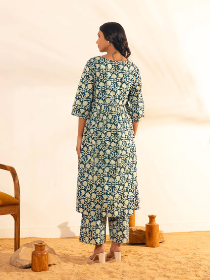 Teal Blue Cotton Maternity Floral Printed Kurta With Palazzo