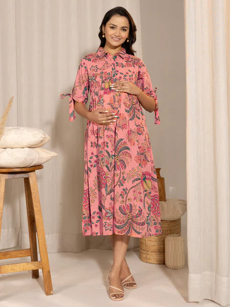 Peach Cotton Floral Gathered Dress