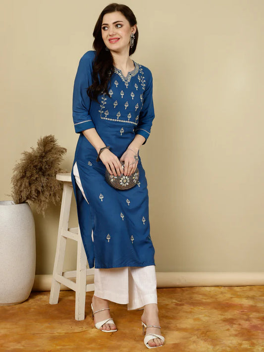 FLORAL EMBROIDERED V-NECK FLARED KURTA